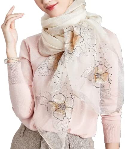 WINCESS YU Women Mulberry Silk Scarf Long & Large Embroidered Floral Pattern Shawl and Wraps Neckerchief for Hair & Neck