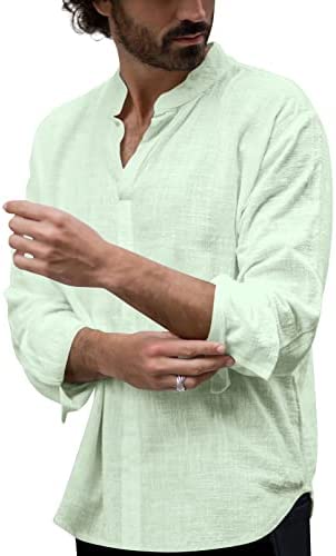 Mens Linen Cotton Casual Henley Shirts Long Sleeve Basic Lightweight Shirt Beach Fishing Yoga Tops