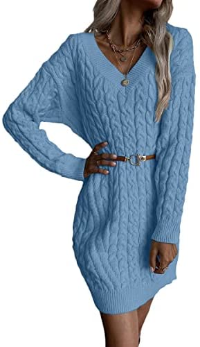 Dyexces Womens Cable Knit Sweater Dress Long Sleeve V Neck Mini Knit Dresses Without Belt Loose Casual Sweaters