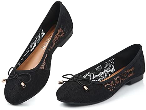 MUSSHOE Ballet Flats for Women Floral Breathable Crochet Lace Ballet Shoes Comfortable Slip On Women's Flats