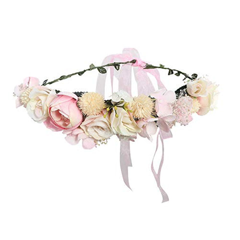 AWAYTR Bohemia Flower Crown Headband - Exquisite Pinecone Leaf Berry Flower Headband Flower Halo Wreath women (Light khaki+Light pink)