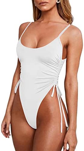 Zwurew Women's Scoop Neck Drawstring Swimwear One Piece Swimsuit Solid Bodysuit Monokini Bather Bathing Suit Beachwear