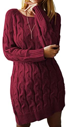 Sweater Dress for Women Long Sleeve Cable Knit Casual Crew Neck Mini Dress Warm Chunky Sweater Pullover