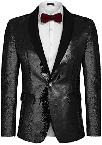 Men Shiny Sequin Blazer Tuxedo Party Dinner Prom One Button Suit Jacket