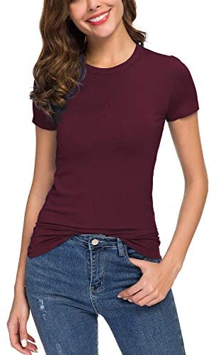 Women's Crewneck Slim Fitted Short Sleeve T-Shirt Stretchy Bodycon Basic Tee Tops