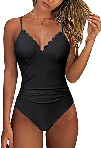 Zwurew Women Scallop Trimmed One Piece Swimsuit Solid Swimwear Monokini Bather Bathing Suit Beachwear