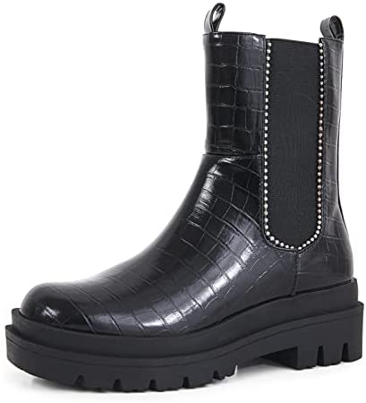 Womens Lug Sole Platform Chelsea Ankle Boots Elastic Round Toe Chunky Block Heel Non-Slip Glitter Rhinestone Combat Comfortable Booties