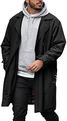 Mens Long Trench Coat Single Button Notch Lapel Collar WindBreak Waterproof Overcoat Lightweight Jackets with Pockets