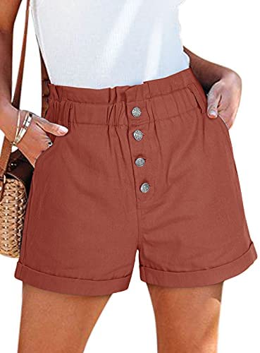 Women's 100% Cotton Teen Girls High Waist Front Buttons Summer Beach Rolled Casual Shorts with Pockets