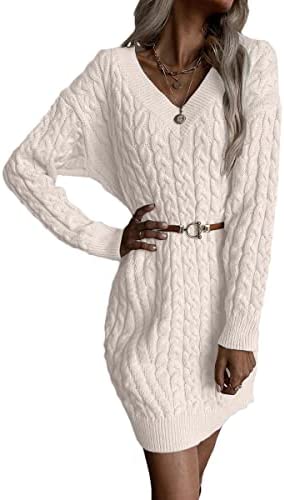 Dyexces Womens Cable Knit Sweater Dress Long Sleeve V Neck Mini Knit Dresses Without Belt Loose Casual Sweaters