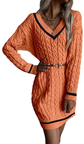 Dyexces Womens Cable Knit Sweater Dress Long Sleeve V Neck Mini Knit Dresses Without Belt Loose Casual Sweaters