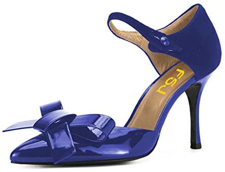 FSJ Women Close Pointed Toe Pumps Bow Ankle Strap Middle High Stiletto Heels Shoes