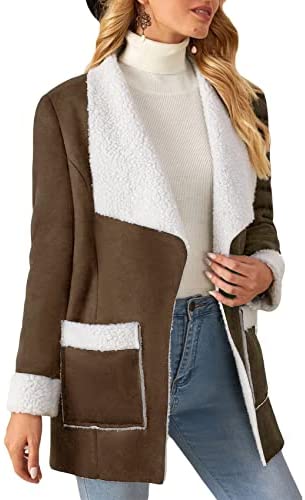 Women's Open Front Long Sleeve Blends Coat Lapel Casual Solid Color Fashion Outwear with Pockets