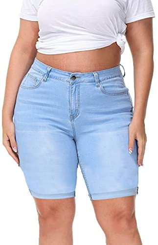 Plus Size Denim Shorts Women High Waisted Ripped Folded Hem Jean Shorts