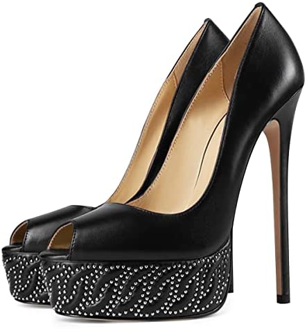 FSJ Women Peep Toe Rhinestones Platform Dress Pumps Sexy High Heels Slip On Heeled Sandals Stiletto Evening Party Shoes Size 4-15 US