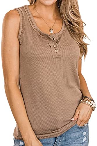 Women Button Henley Tank Top Summer Sleeveless Basic Cami Shirt Slim Knit Ribbed Fitted Blouses Tops