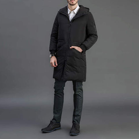 Men's Pocket Fashion Hooded Handsome Thicken Down Cotton Jacket Zipper Winter Long Coat