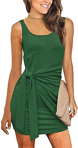 Women Sleeveless Ruched Tie Waist Sundress Tank Bodycon Mini Dress Basic Party Club Shirt Dress