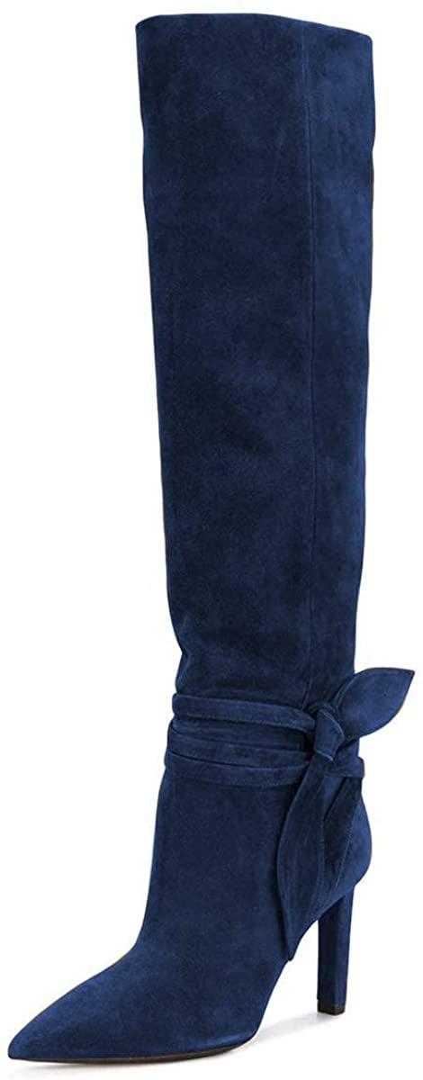 FSJ Women Elegant Pointed Closed Toe Knee High Long Boots Pull On Mid Heels Booties Faux Suede Dress Shoe With Bows Size 4-15 US