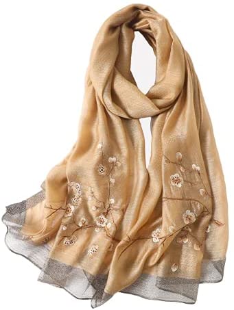 WINCESS YU Women Mulberry Silk Scarf Long & Large Embroidered Floral Pattern Shawl and Wraps Neckerchief for Hair & Neck