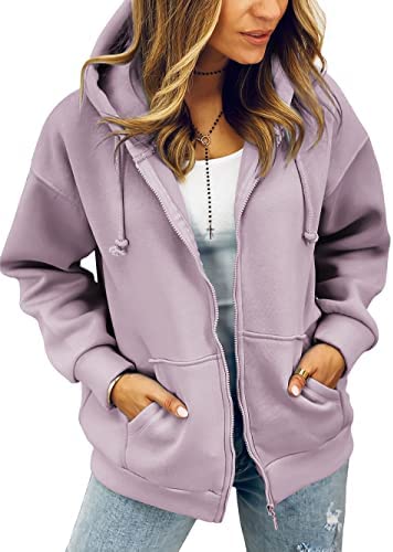 Zwurew Women Long Sleeve Full Zip Up Fleece Hoodies Oversized Casual Sweatshirts Drawstring Jacket with Pockets