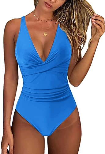 Zwurew Women One Piece V Neck Print Swimwear Swimsuit Solid Bodysuit Monokini Bather Bathing Beachwear