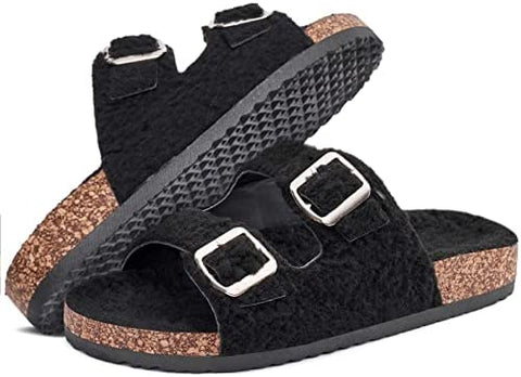 Katliu Women's Flat Slide Sandals Two Straps Buckle Slip on Slides Arch Support Cork Footbed Shearling Sandals