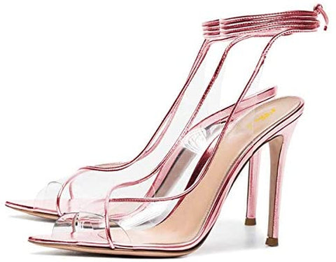 FSJ Women Sexy Stilettos High Heel Strappy Sandals Cross Strap Ankle Wrap Slingback Transparent Wedding Evening Dress Pumps Size 4-15 US