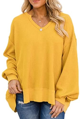 Zwurew Women's Waffle Knit Off Shoulder V-neck Sweater Dolman Long Sleeve Sweatshirt Top