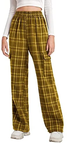 Womens Plaid Casual Pants High Elastic Waist Stripe Lightweight Trousers with Two Flap Pockets