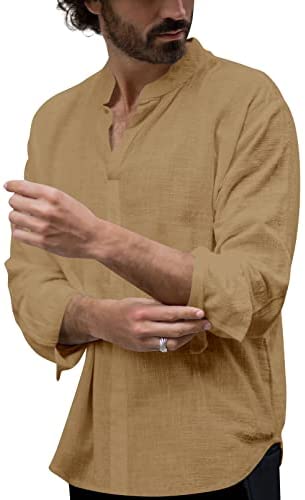Mens Linen Cotton Casual Henley Shirts Long Sleeve Basic Lightweight Shirt Beach Fishing Yoga Tops