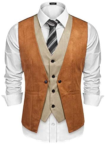Men's Suede Leather Vest Layered Style Dress Vest Waistcoat