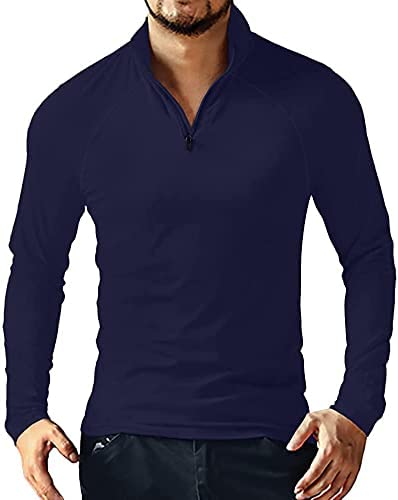 Men's Quarter Zip Long Sleeve Polo Shirt V Neck Casual Basic Slim Fit Cotton Shirts Tops