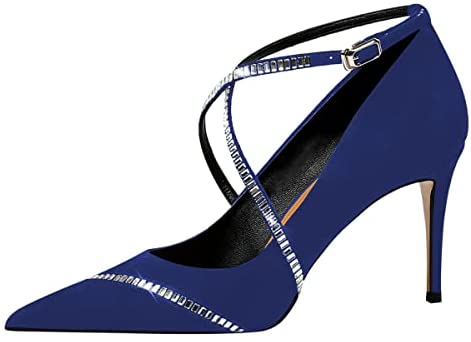 FSJ Women's Pointed Toe High Heels Pumps Crisscross Strappy Crystal Rhinestones Pumps Ladies Ankle Buckle Strap Dress Party Shoes Size 4-15 US