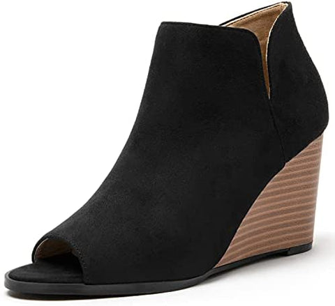 Katliu Women's Wedge Heel Booties Peep Toe Ankle Boots Side Zipper Suede Ankle Boots