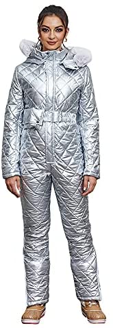 Womens Onesies Ski Suit Jumpsuit Outdoor Winter Skiing Jacket Snowsuit Fur Collar Coat with Hoodies Removable