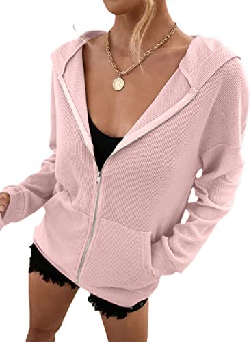 Zip Up Hoodie Women Long Sleeve Waffle Fall Oversized Sweatshirts Casual Hoodies Jacket with Pocket