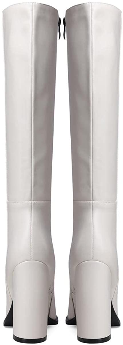 WAYDERNS Women's Solid Microfiber Round Toe Zip Thick Block High Heel Knee High Boots 4 Inch