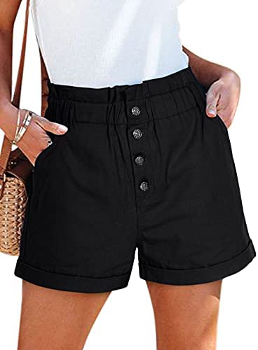 Women's 100% Cotton Teen Girls High Waist Front Buttons Summer Beach Rolled Casual Shorts with Pockets
