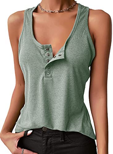 Dyexces Womens Tank Tops Scoop Neck Henley Pullover Summer Ribbed Sleeveless Button Up Cami Knit Tees Shirts