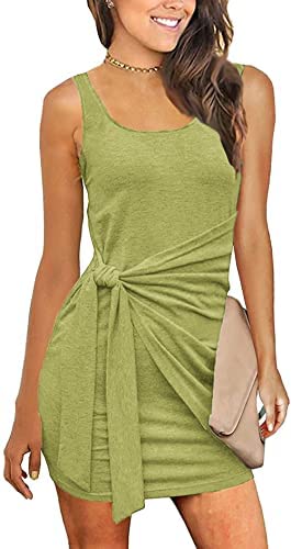 Women Sleeveless Ruched Tie Waist Sundress Tank Bodycon Mini Dress Basic Party Club Shirt Dress