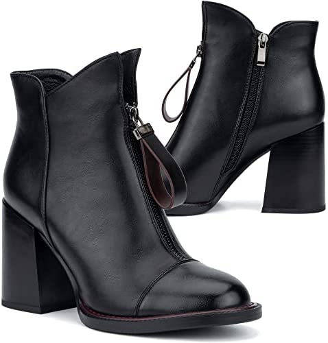 Torgeis Women’s Davina Fashion Casual Faux Leather Zipper Heel Ankle Boots, Almond Toe, Rubber Outsole