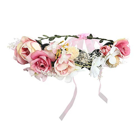 AWAYTR Bohemia Flower Crown Headband - Exquisite Pinecone Leaf Berry Flower Headband Flower Halo Wreath women (Light khaki+Light pink)