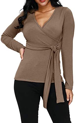 Zumla Women Tops Long Sleeve Casual Fall Sexy Wrap V Neck Blouse for Work Tie Front