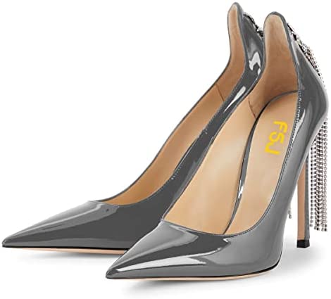 FSJ Women Stylish Rhinestone Chain Pumps Sexy Pointy Toe Stiletto High Heel Party Slip On Swallow Tailed Tassel Dress Prom Bridal Shoes Size 4-15 US