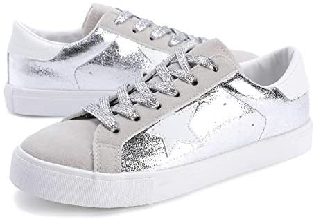 Womens Fashion Star Sneakers Lace Up Platform Glitter Low Top Comfort Walking Running Shoes