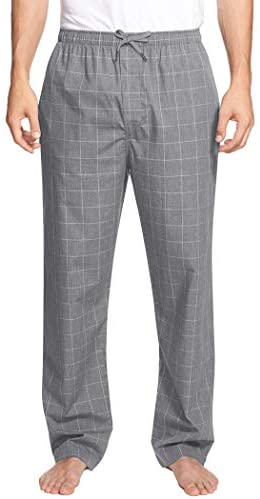 Men Cotton Linen Pajama Pants Elastic Drawstring Waist Sleepwear Plaid Pj Bottoms