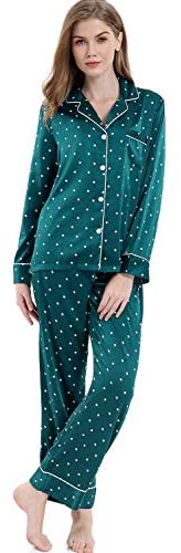 Women's Satin Pajama Set 2-Piece Sleepwear Loungewear Long Sleeve Button Down PJ Set
