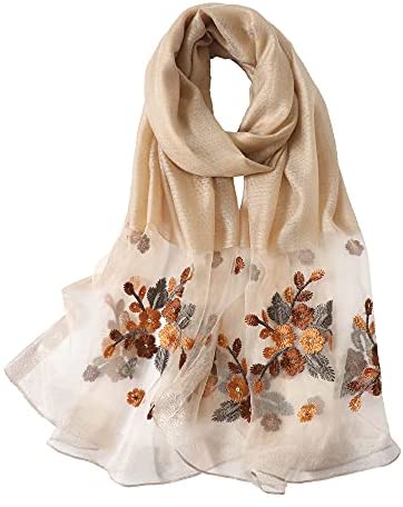 WINCESS YU Women Mulberry Silk Scarf Lightweight Embroidered Floral Shawl Wraps Beach Gauze Blanket Shawl for All Season