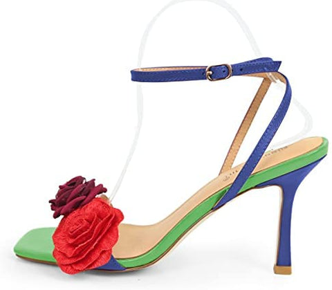 FSJ Women High Heels Sandals Stiletto Ankle Strap Open Square Toe Special Dress Evening Unique Flowers Shoes Size 4-15 US